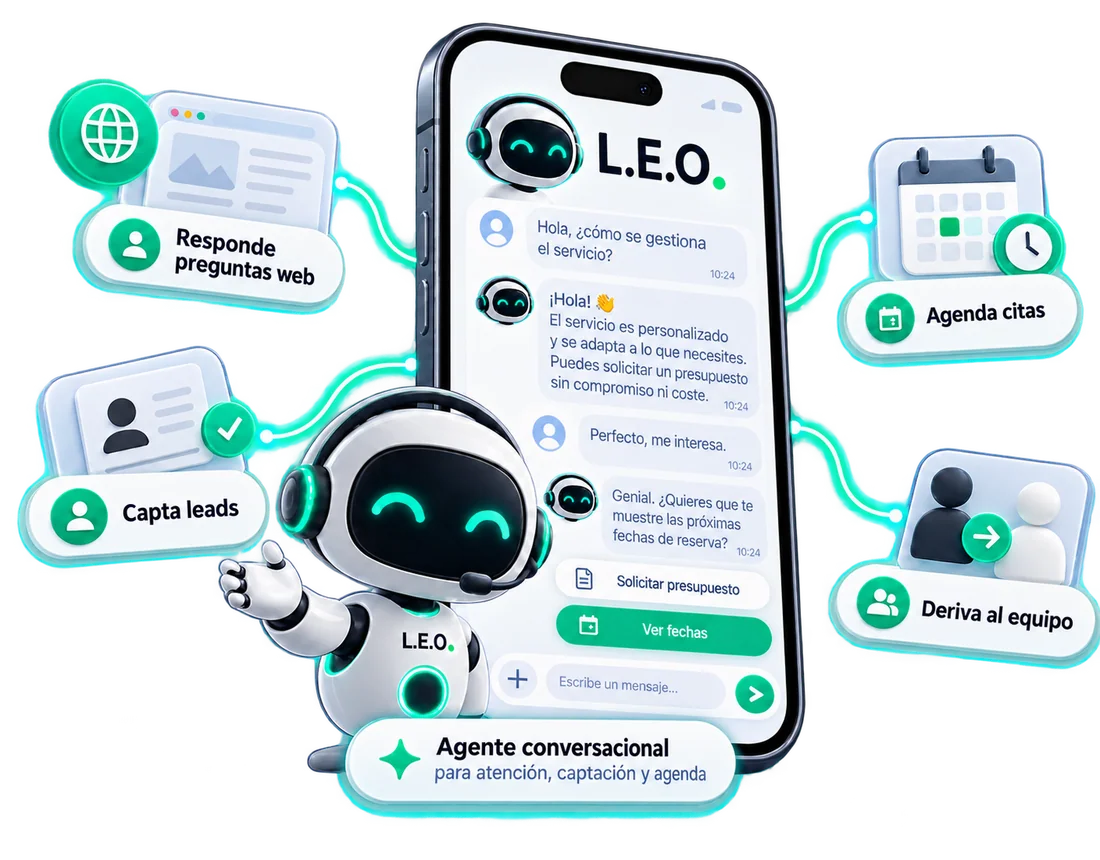 L.E.O.: agente conversacional para responder preguntas web, captar leads, agendar citas y derivar al equipo.