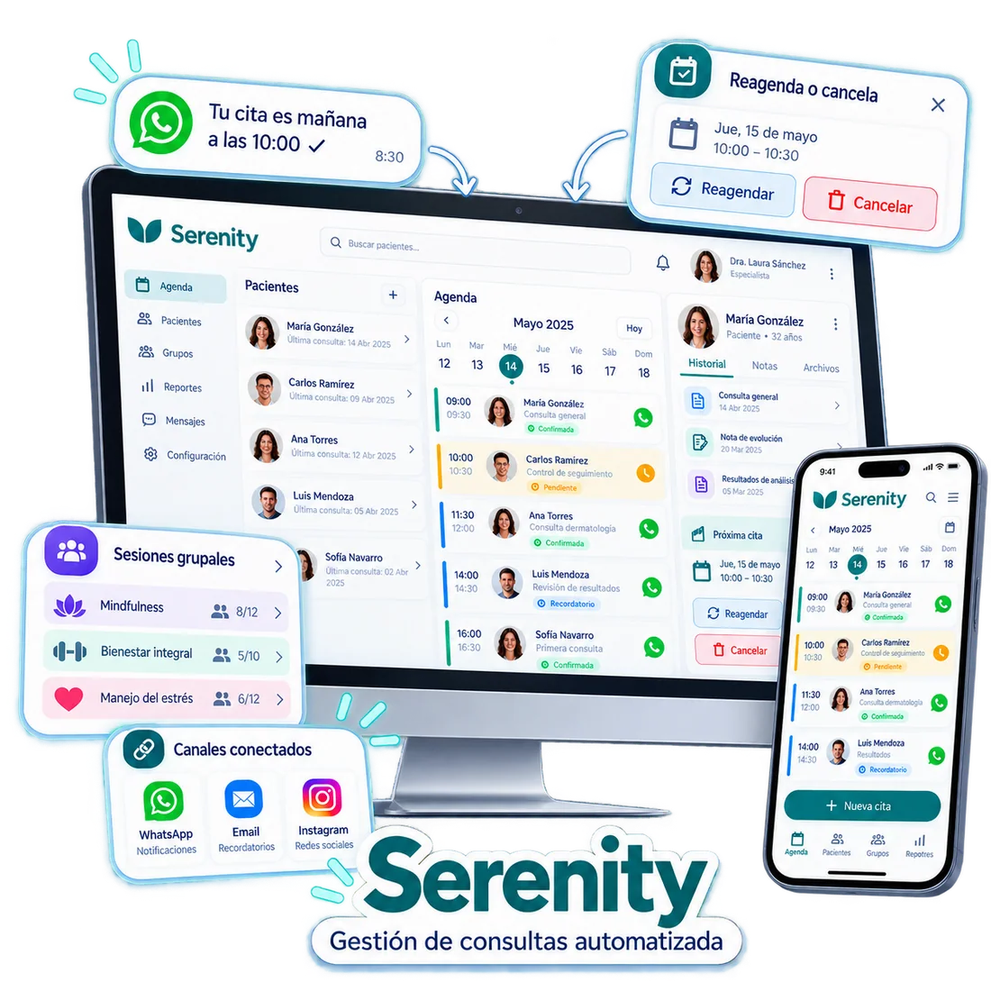 Serenity: agenda, fichas de pacientes, sesiones grupales y recordatorios conectados en ordenador y móvil.
