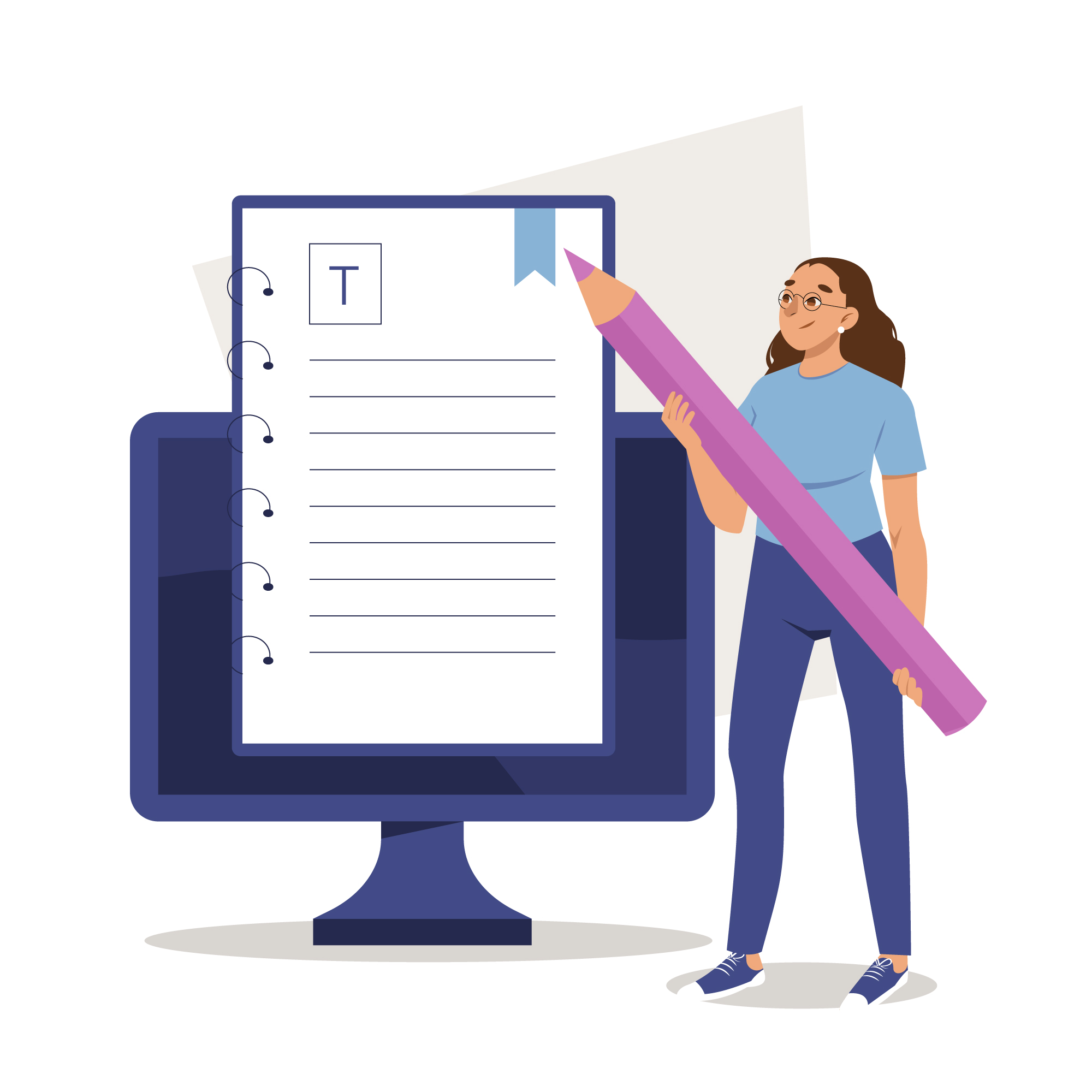 Ilustración de una mujer con un lápiz junto a un formulario en una pantalla