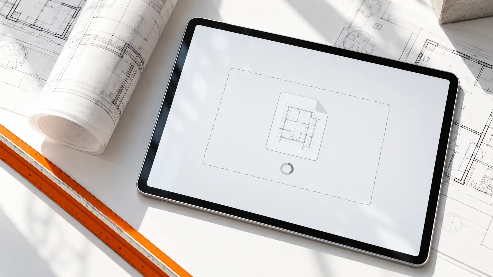 Tableta con un campo ilustrativo de subida de planos sobre una superficie blanca de dibujo, junto a un plano enrollado y una regla naranja.