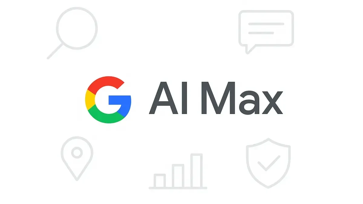 Logotipo de Google AI Max con iconos de búsqueda, conversación, ubicación y seguridad