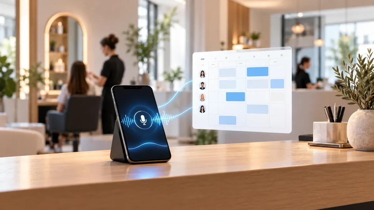 Ilustración generada con IA de un asistente de voz en un móvil conectado a la agenda digital de un salón de belleza