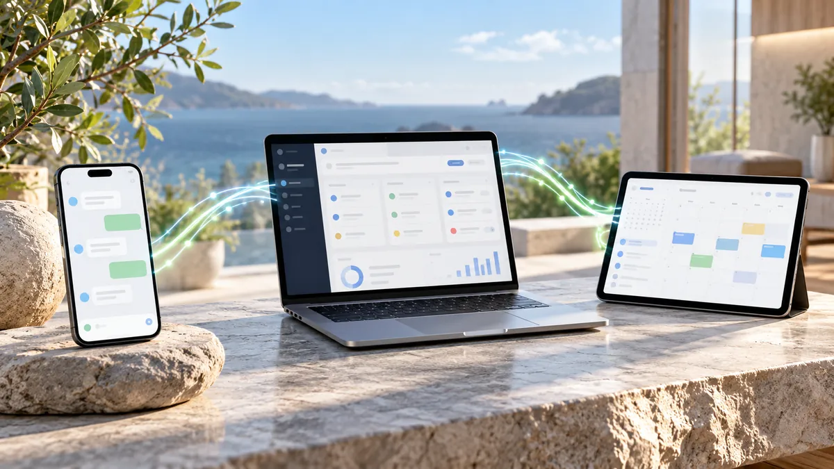 Ilustración generada con IA de un móvil, un portátil con un panel de CRM y una tableta con un calendario conectados entre sí junto al mar