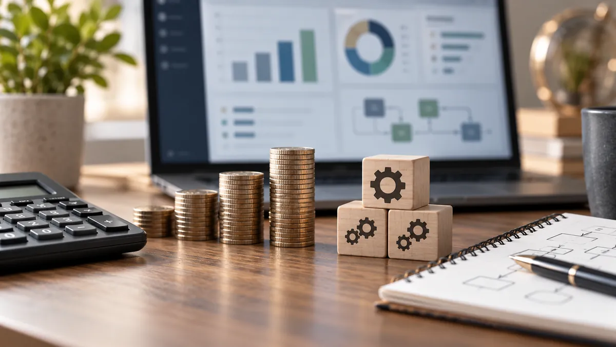 Ilustración generada con IA de un portátil con gráficos, una calculadora, monedas apiladas y cubos con engranajes sobre una mesa