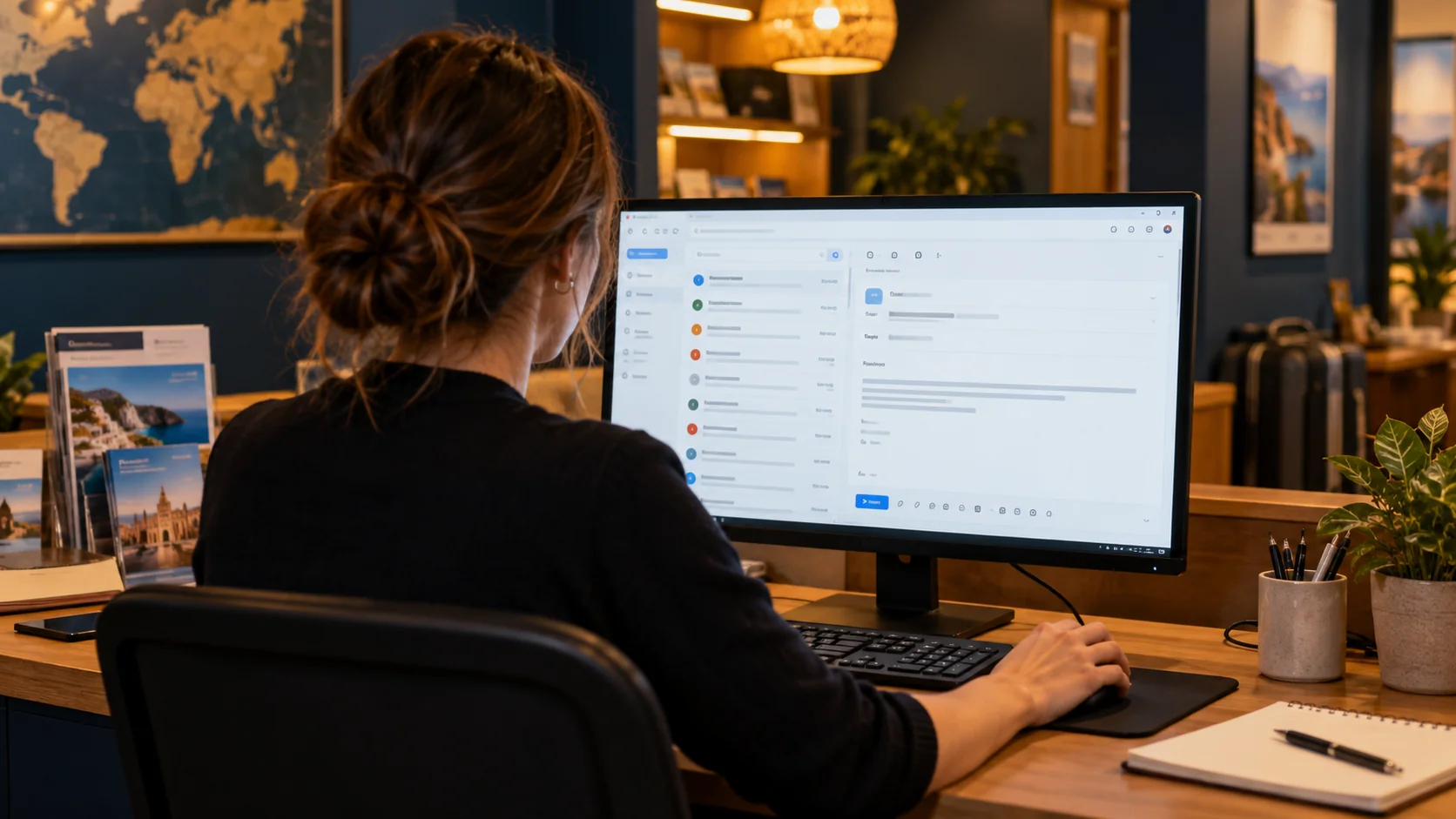 Trabajadora de espaldas revisando una interfaz de correo en el monitor de una agencia de viajes