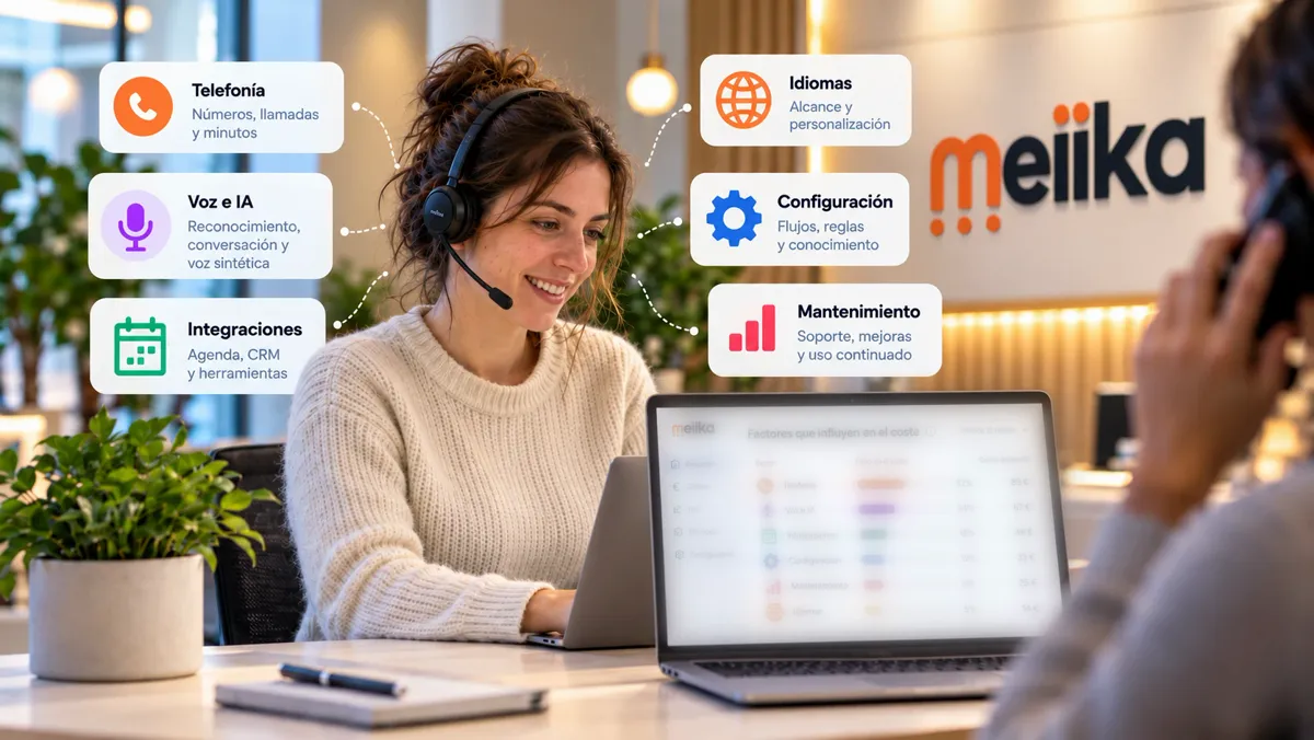Ilustración generada con IA de una persona con auriculares ante un portátil, rodeada de los factores que influyen en el coste de un agente de reservas: telefonía, voz e IA, integraciones, idiomas, configuración y mantenimiento