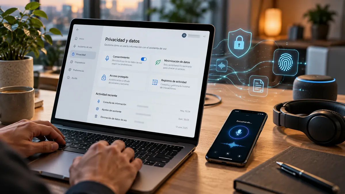 Ilustración generada con IA de un portátil con ajustes de privacidad y datos junto a un móvil con un asistente de voz escuchando