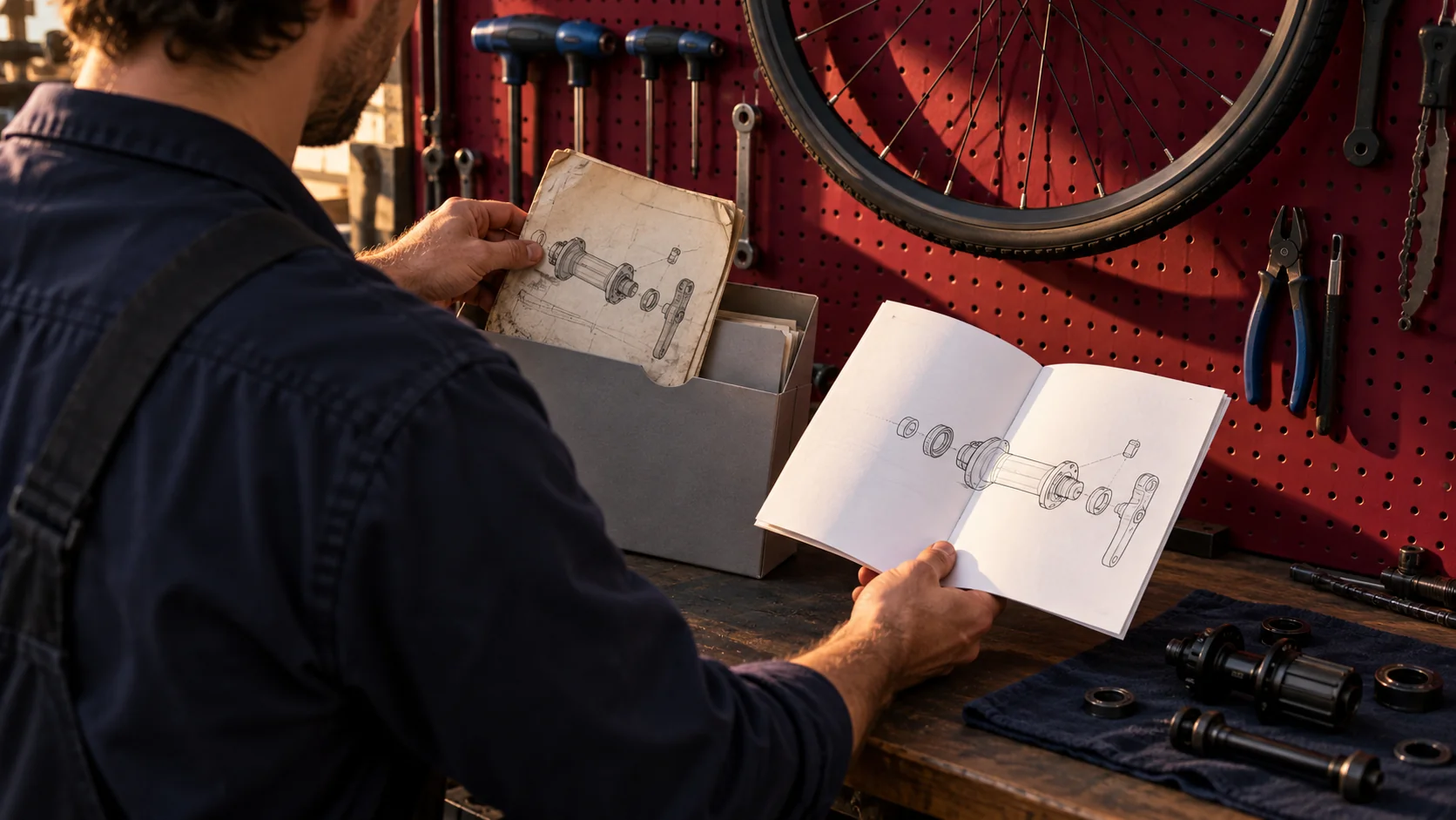 Mecánico de espaldas compara dos ediciones de instrucciones de componentes junto a un panel burdeos y una rueda de bicicleta.