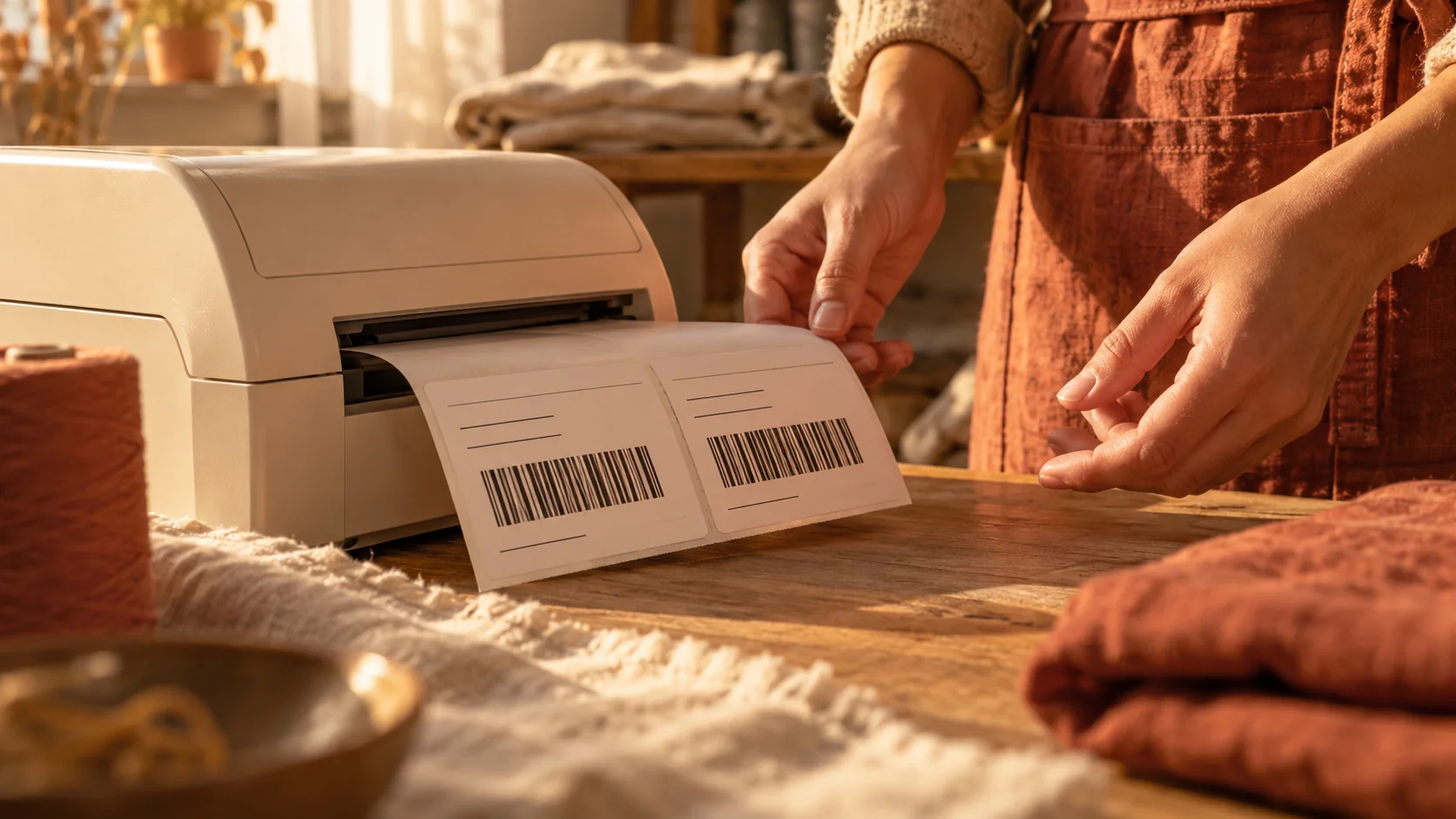 Impresora térmica con dos etiquetas de envío similares y manos de una persona con delantal en un taller textil
