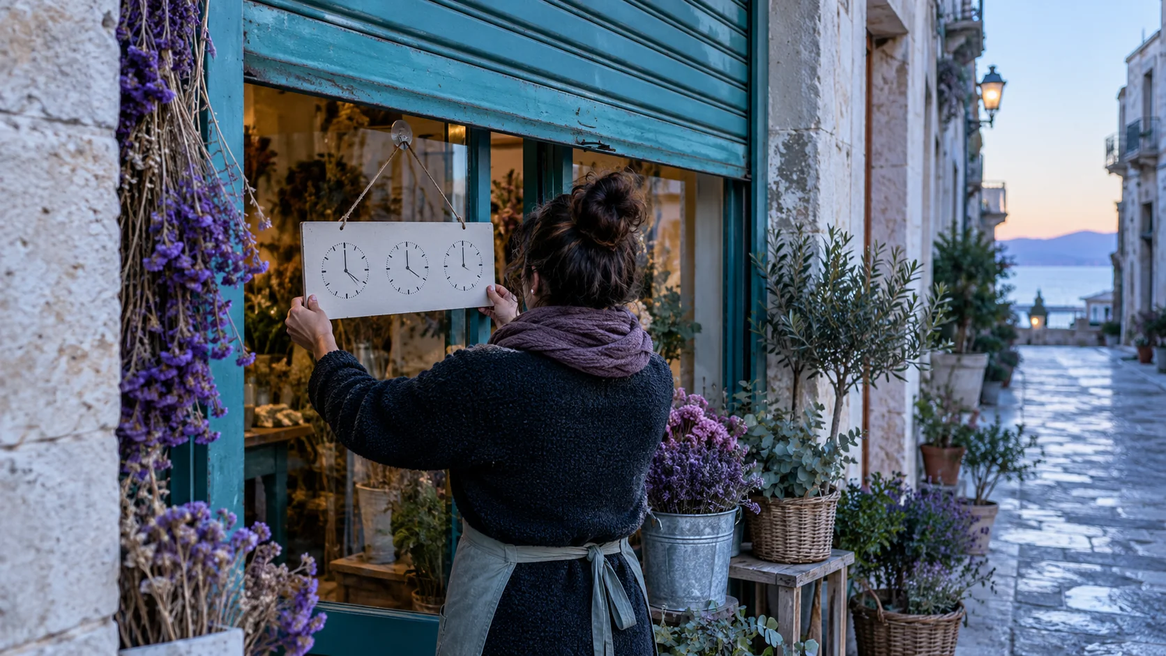 Florista de espaldas coloca un cartel con relojes en la puerta de una tienda bajo una persiana turquesa al amanecer.