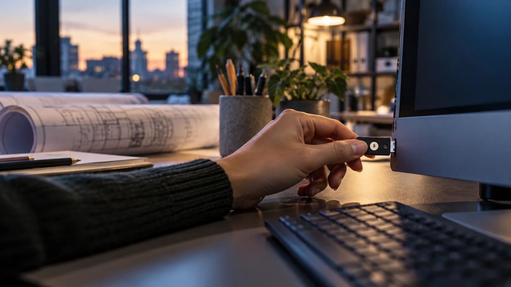 Mano que inserta una llave de seguridad USB en un ordenador de sobremesa, con planos de arquitectura al fondo.
