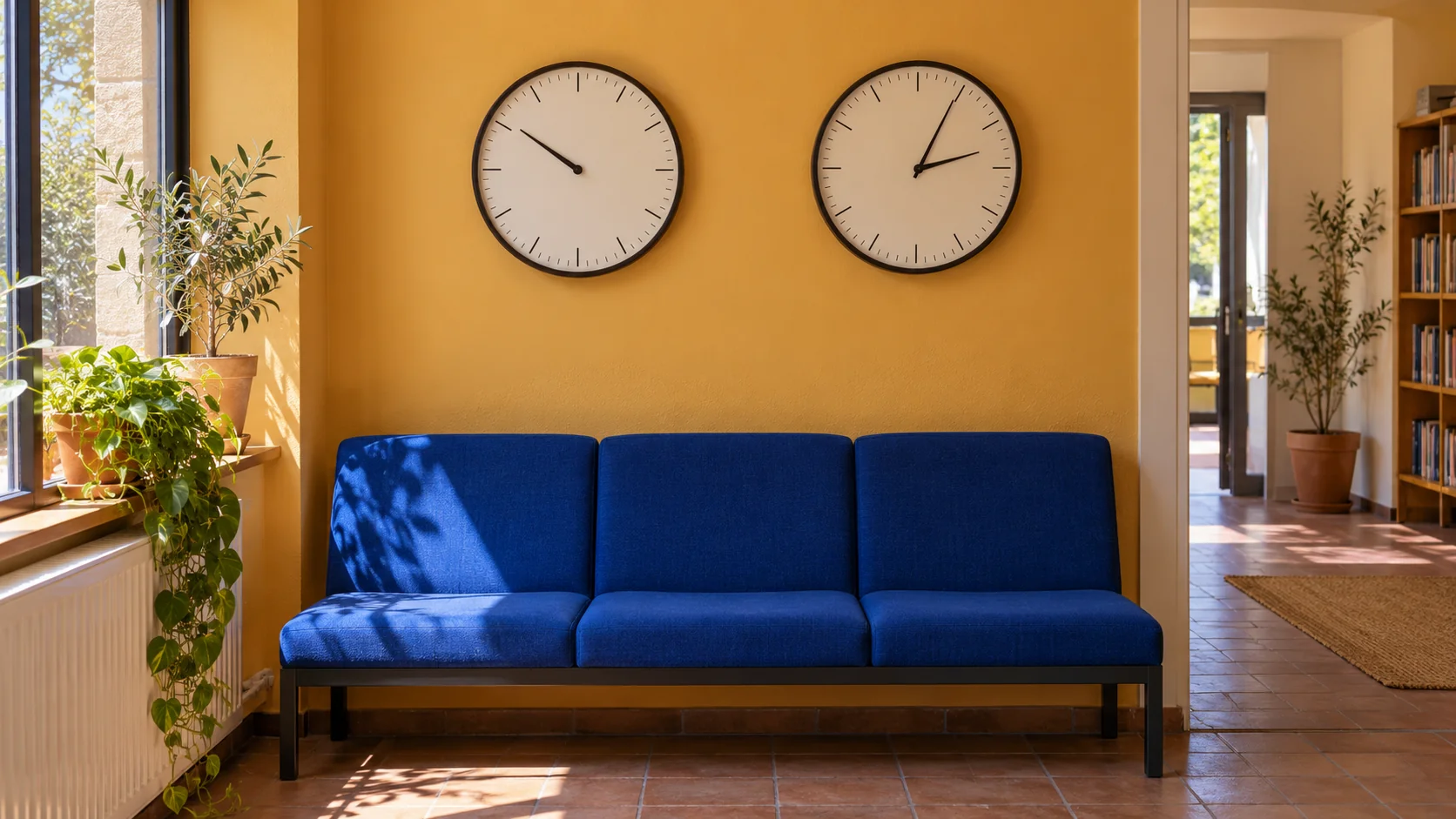 Dos relojes de pared con horas distintas sobre un banco azul en la recepción de una academia con pared ocre