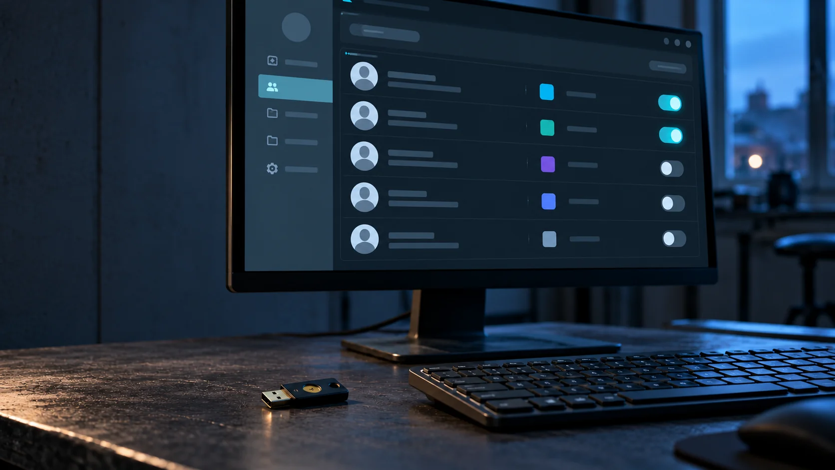 Llave de seguridad USB junto a un teclado y un monitor con una interfaz genérica de gestión de cuentas en una oficina oscura