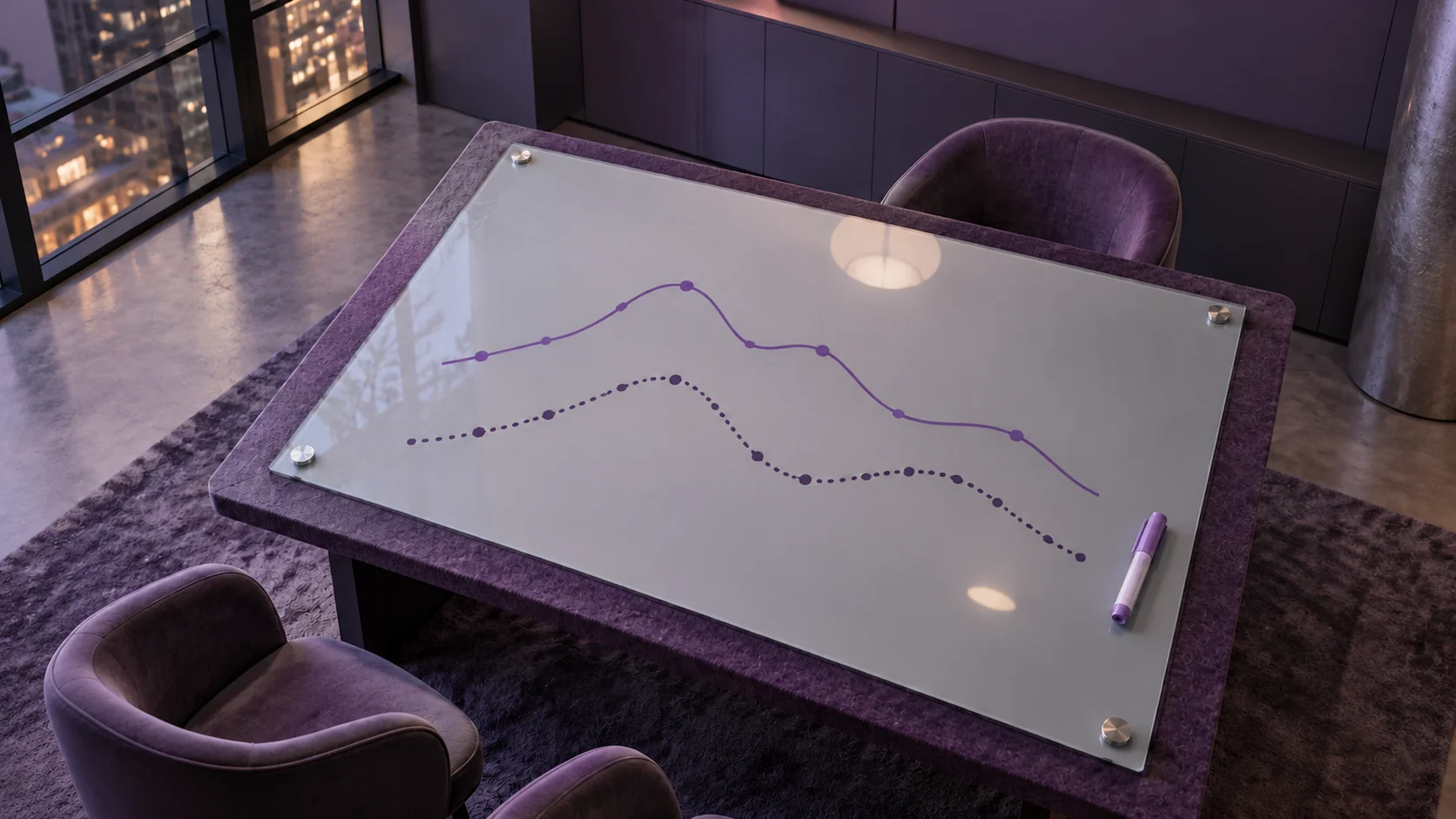 Pizarra de cristal con dos líneas de tendencia diferentes sobre un soporte de fieltro violeta y un rotulador