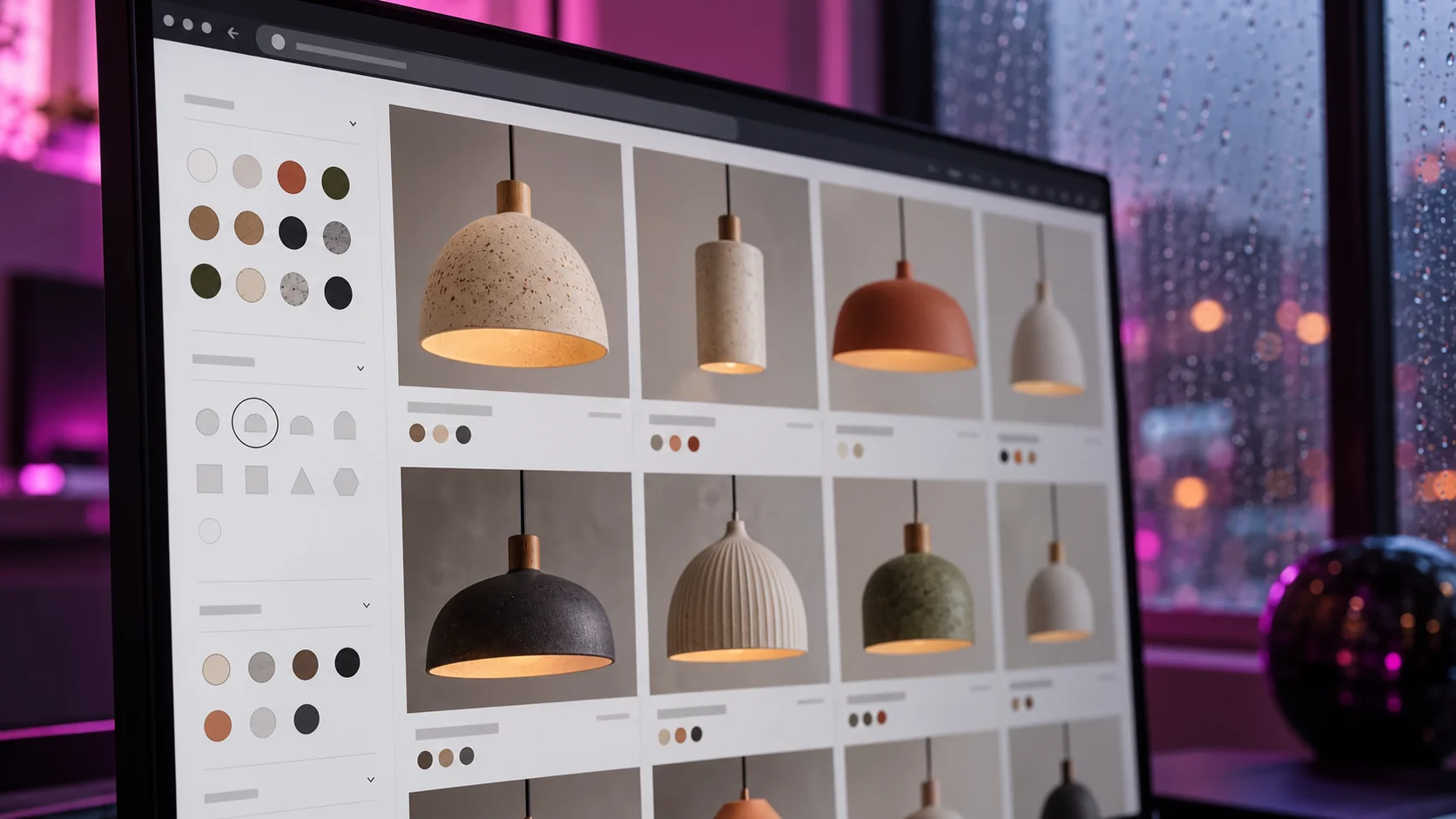 Primer plano de una pantalla con un catálogo ficticio de lámparas de cerámica y controles laterales de filtros bajo luz magenta y gris.