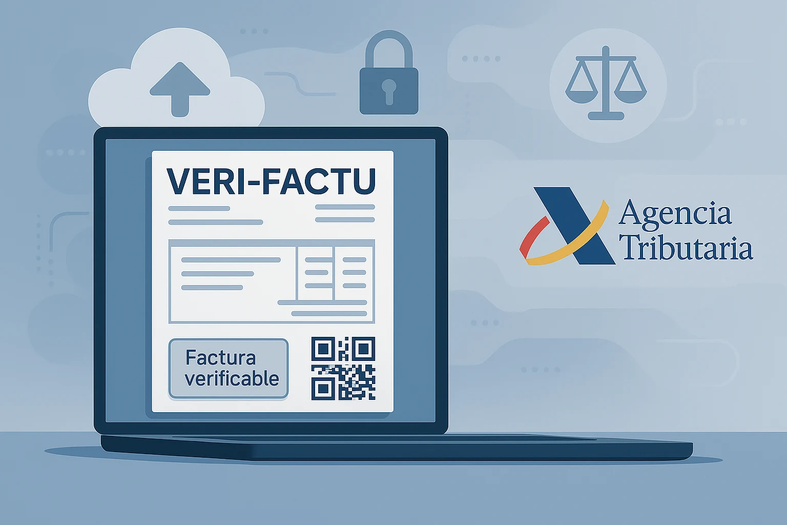 Ilustración de una factura VERI-FACTU en un ordenador junto al logotipo de la Agencia Tributaria